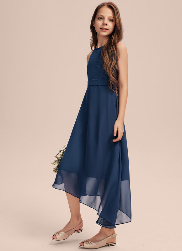 Trapèze licou asymétrique mousseline robe de demoiselle d'honneur - junior - gallery 5