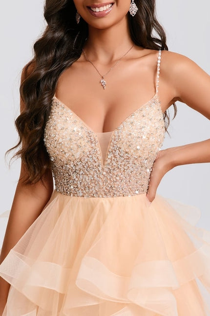 Princesse col v court tulle robe de bal de promo avec perles paillettes - gallery 3