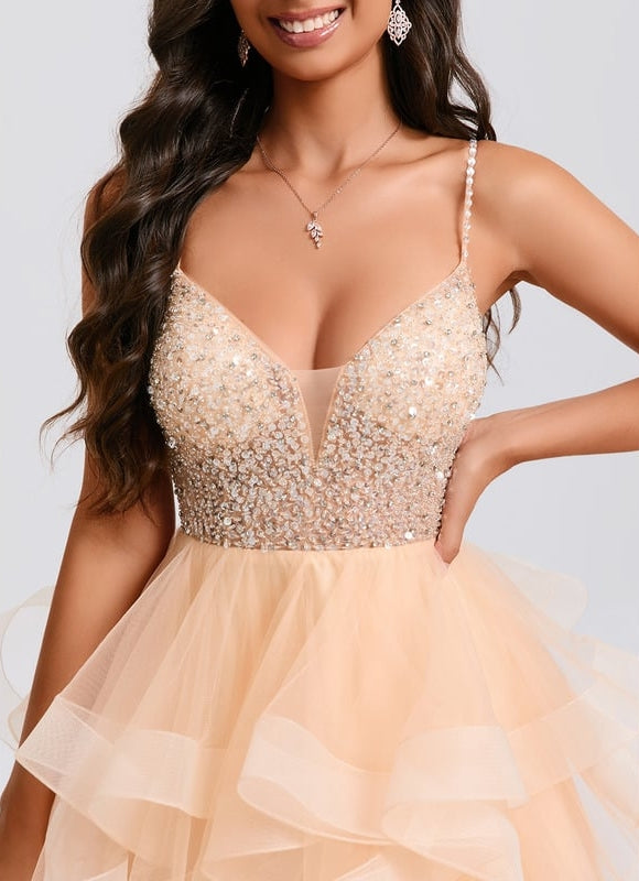 Princesse col v court tulle robe de bal de promo avec perles paillettes - gallery 3