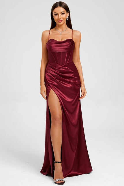 Fourreau col cœur longueur ras du sol satin extensible robe de bal avec plissée