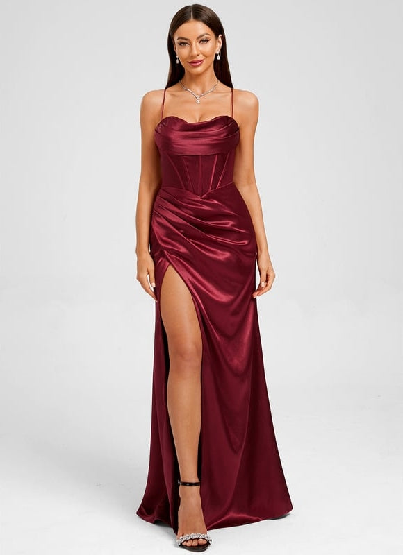 Fourreau col cœur longueur ras du sol satin extensible robe de bal avec plissée