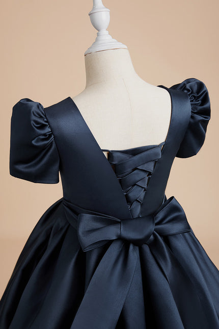 Trapèze col rond longueur genou satin robes fille mariage - gallery 3