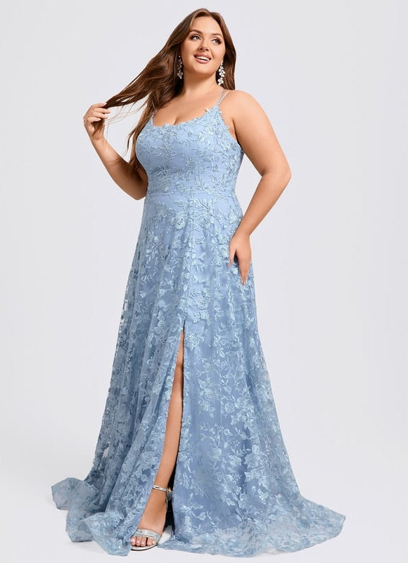 Trapèze col rond longueur ras du sol dentelle floral robe de bal avec paillettes - gallery 8