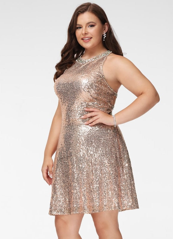 Trapèze col rond court paillette robe de bal de promo avec paillettes - gallery 6