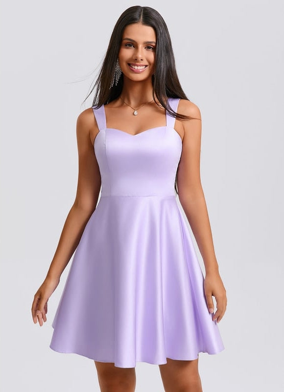 Trapèze col cœur court satin robe de bal de promo avec nœud