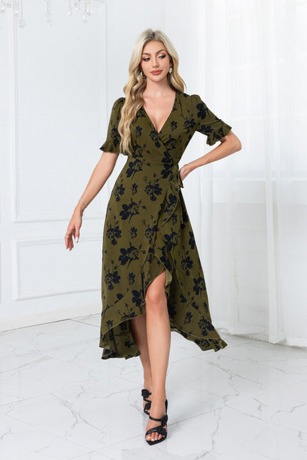 Robe jacquard col v trapèze polyester asymétrique midi - gallery 4