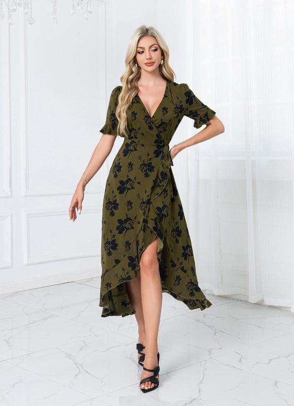 Robe jacquard col v trapèze polyester asymétrique midi - gallery 4