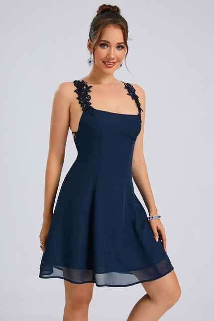 Trapèze col carré court mousseline robe de bal de promo - gallery 1