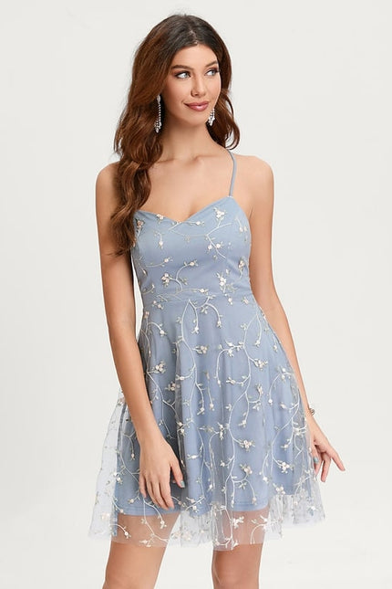 Trapèze col v mini dentelle robe de bal de promo avec broderie - gallery 3