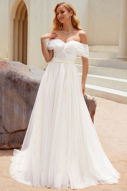 Princesse épaule dénudée traîne balayage tulle robe de mariée - gallery 2