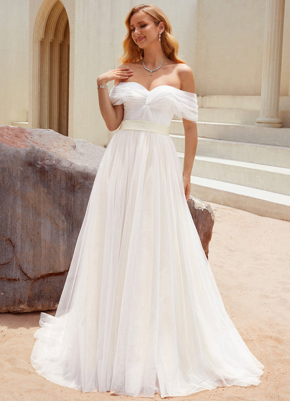Princesse épaule dénudée traîne balayage tulle robe de mariée - gallery 2