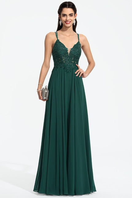 Trapèze col v longueur ras du sol mousseline robe de bal avec perles paillettes - gallery 4