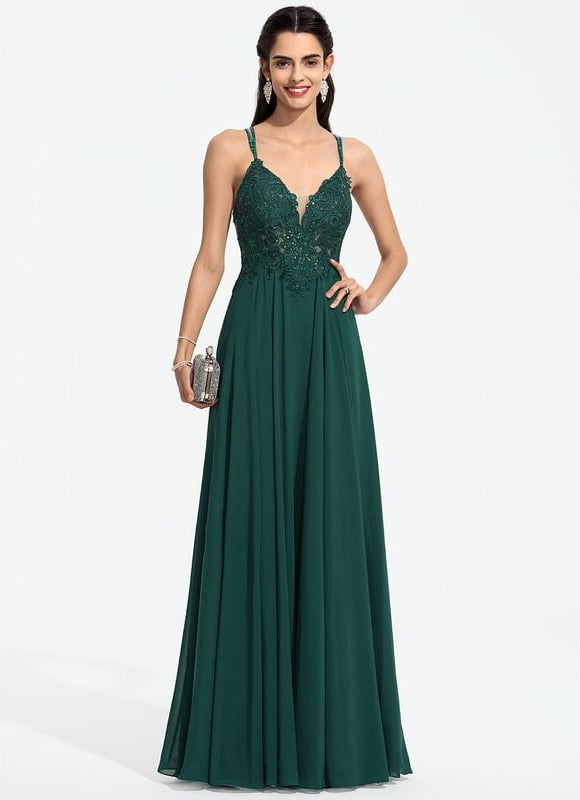 Trapèze col v longueur ras du sol mousseline robe de bal avec perles paillettes - gallery 4