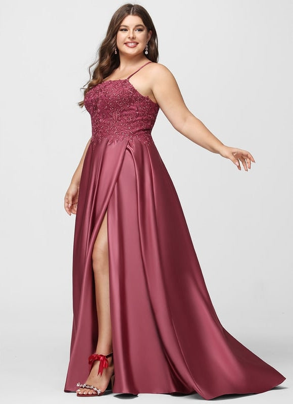 Trapèze col carré traîne balayage satin robe de bal avec strass - gallery 7
