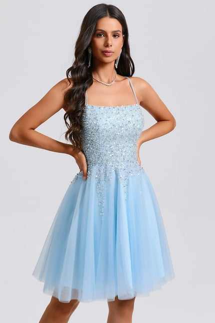 Trapèze col rond court tulle paillette robe de bal de promo avec paillettes perles - gallery 5