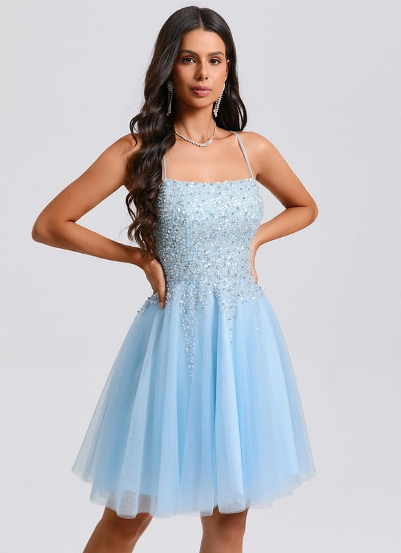 Trapèze col rond court tulle paillette robe de bal de promo avec paillettes perles - gallery 5