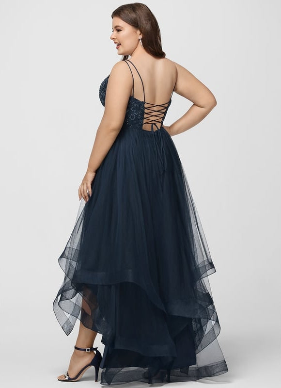 Princesse col rond asymétrique dentelle robe de bal avec paillettes - gallery 6