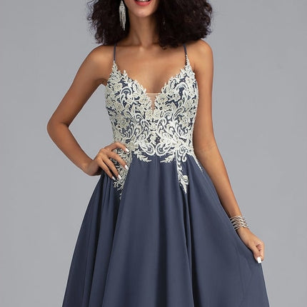 Trapèze col v court mousseline robe de bal de promo avec paillettes perles