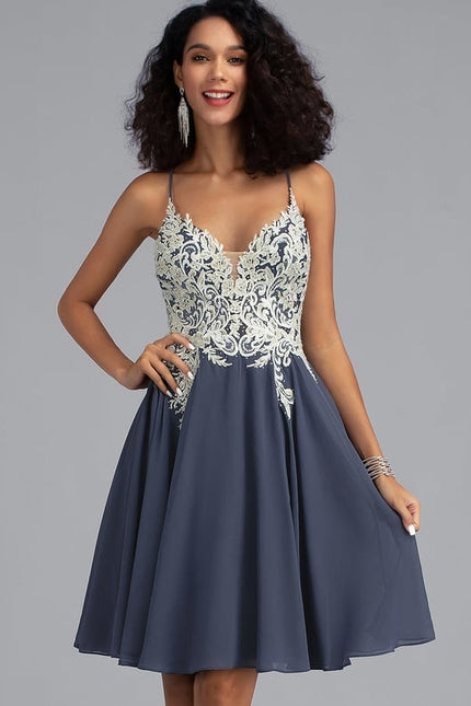 Trapèze col v court mousseline robe de bal de promo avec paillettes perles