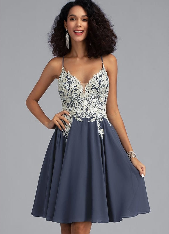 Trapèze col v court mousseline robe de bal de promo avec paillettes perles