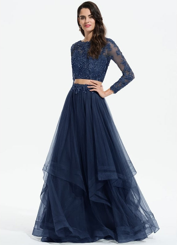 Princesse col rond longueur ras du sol tulle robe de bal avec perles paillettes - gallery 1