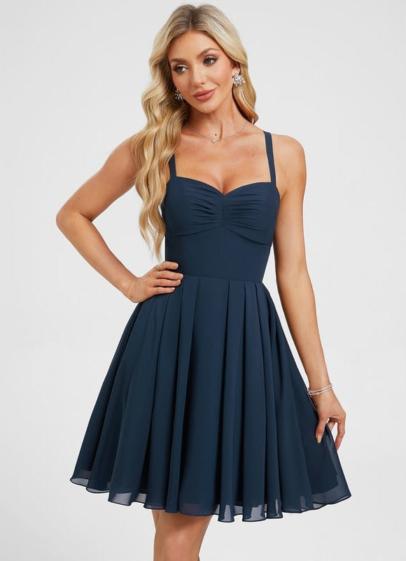 Trapèze col cœur court mousseline robe de bal de promo avec plissée