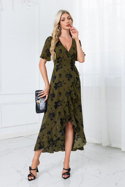 Robe jacquard col v trapèze polyester asymétrique midi - gallery 2