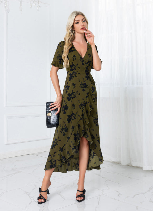 Robe jacquard col v trapèze polyester asymétrique midi - gallery 2