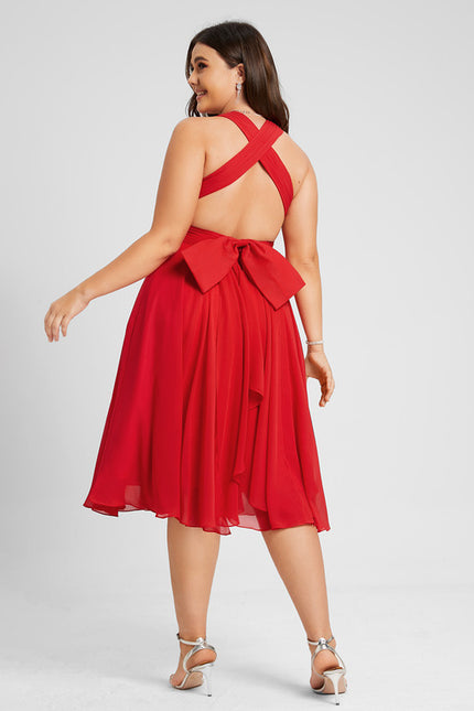 Trapèze col v longueur genou mousseline robe de cocktail avec nœud à volants - gallery 5