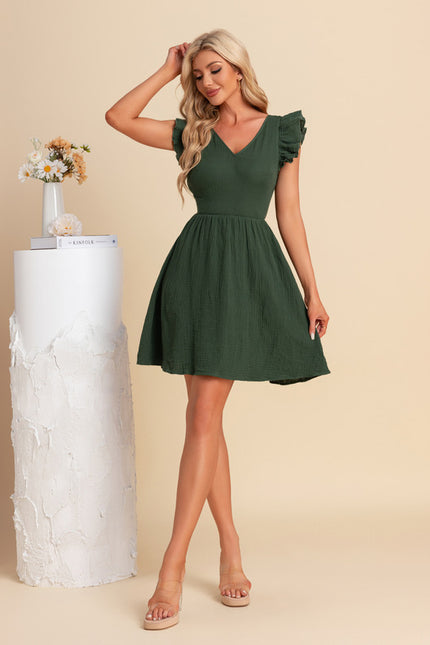 Robe nœud col v trapèze mélanges de coton mini - gallery 2