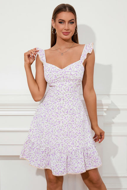 Robe imprimé fleur col cœur trapèze polyester mini - gallery 1