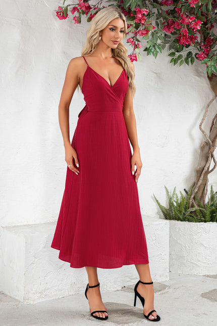 Robe nœud col v trapèze polyester midi - gallery 1