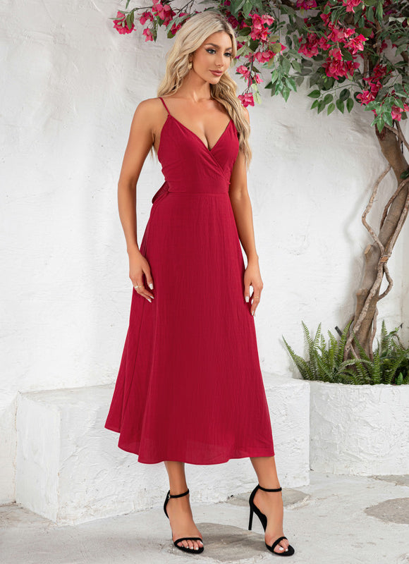 Robe nœud col v trapèze polyester midi - gallery 1