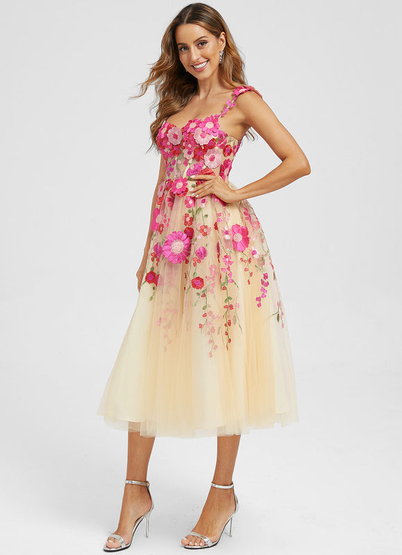 Trapèze col cœur longueur mollet dentelle floral robe de cocktail avec motif floral 3d - gallery 5