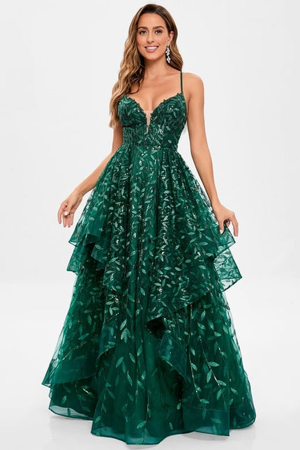 Princesse col v longueur ras du sol dentelle floral robe de bal avec paillettes - gallery 1