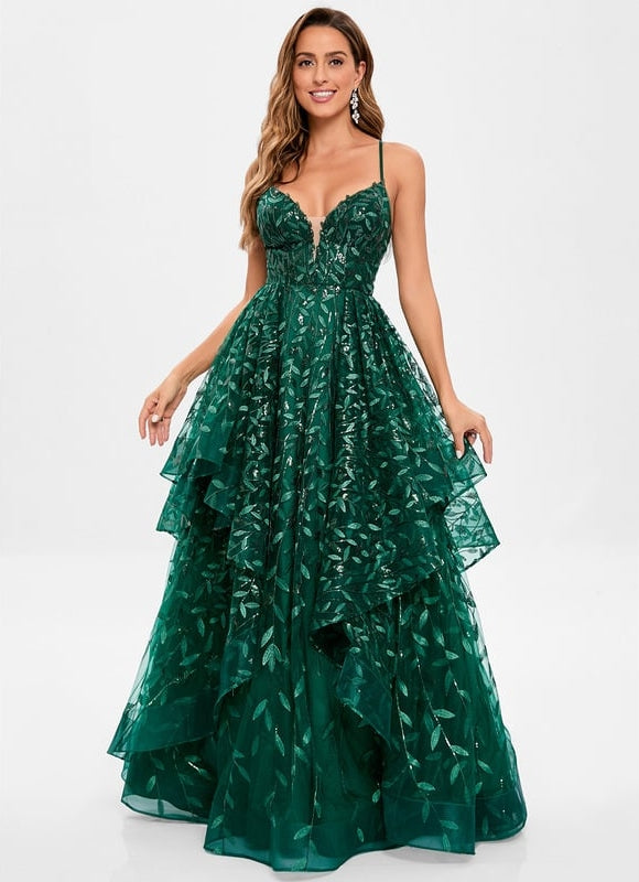Princesse col v longueur ras du sol dentelle floral robe de bal avec paillettes - gallery 1