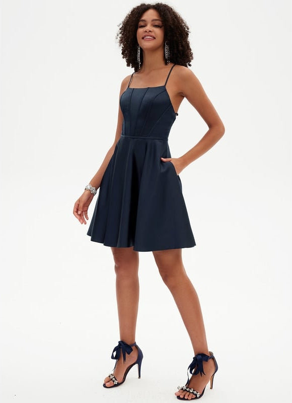 Trapèze col rond court satin robe de bal de promo - gallery 2