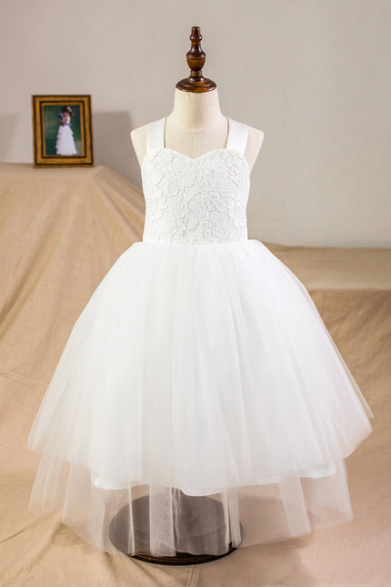 Princesse col cœur longueur mollet satin/tulle/dentelle robes fille mariage avec nœud - gallery 1