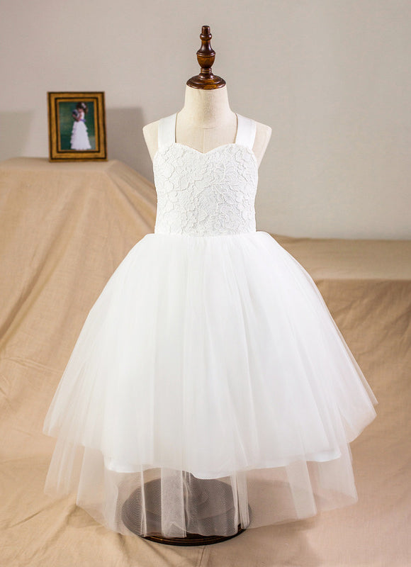 Princesse col cœur longueur mollet satin/tulle/dentelle robes fille mariage avec nœud - gallery 1