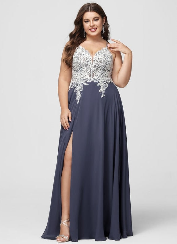 Trapèze col v longueur ras du sol mousseline robe de bal avec perles paillettes - gallery 8