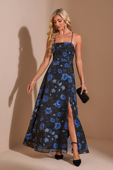 Robe imprimé fleur col carré trapèze organza maxi