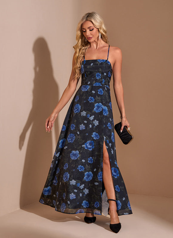 Robe imprimé fleur col carré trapèze organza maxi