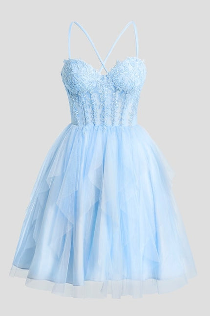 Princesse col cœur court tulle dentelle robe de bal de promo avec à volants - gallery 7