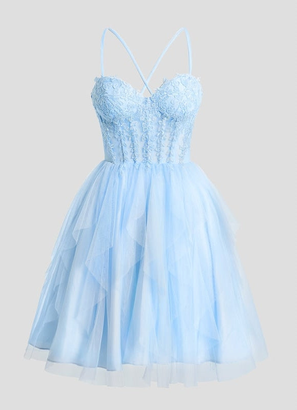 Princesse col cœur court tulle dentelle robe de bal de promo avec à volants - gallery 7