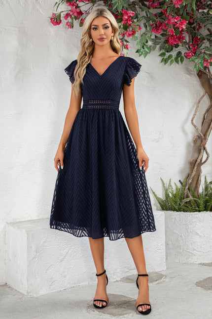 Robe à volants jacquard col v trapèze mousseline jacquard midi - gallery 7