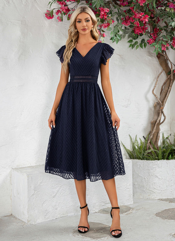 Robe à volants jacquard col v trapèze mousseline jacquard midi - gallery 7