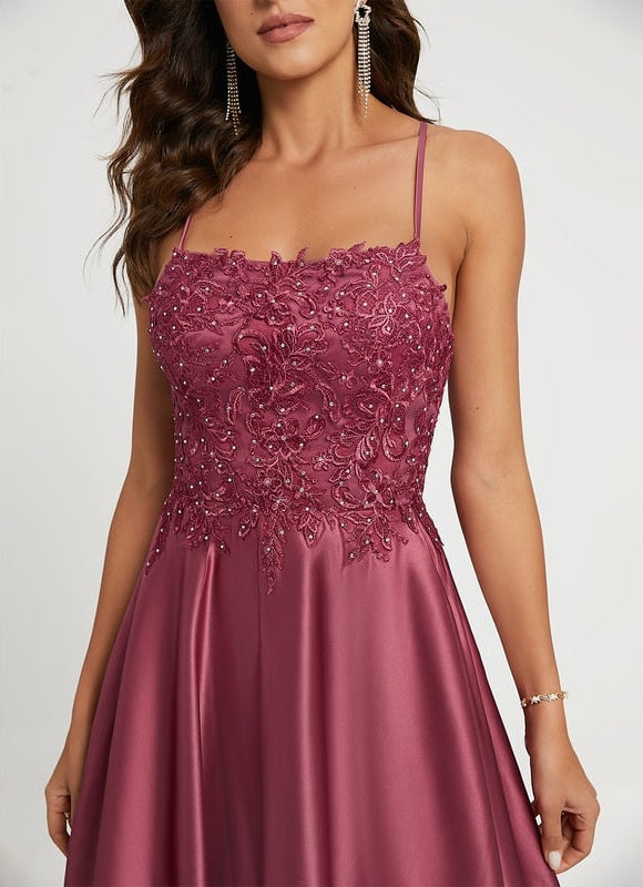 Trapèze col carré traîne balayage satin robe de bal avec strass - gallery 1