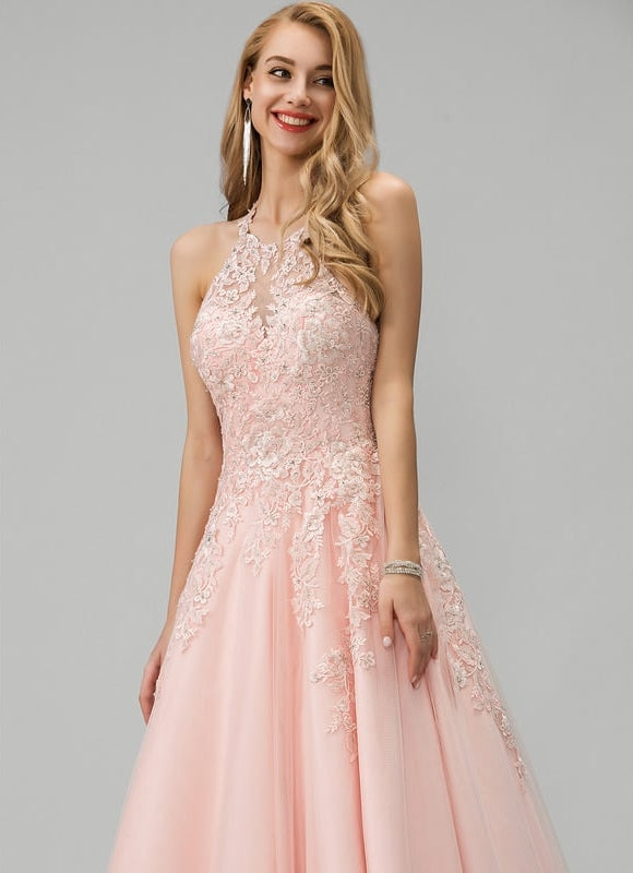 Princesse col rond longueur ras du sol tulle robe de bal avec perles paillettes - gallery 3