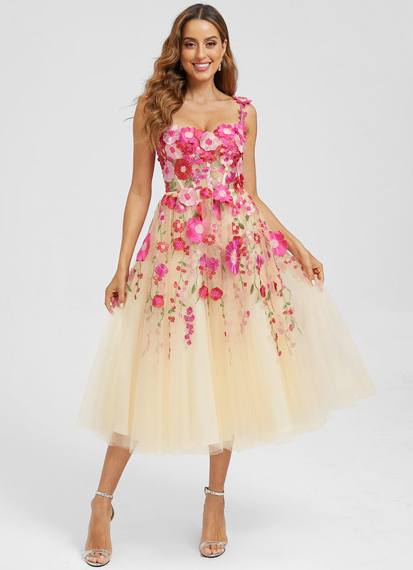 Trapèze col cœur longueur mollet dentelle floral robe de cocktail avec motif floral 3d - gallery 4