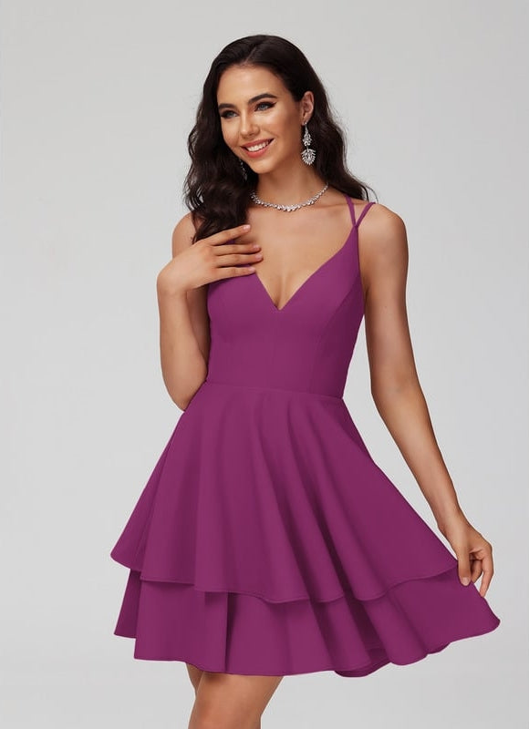 Trapèze col v court crêpe extensible robe de bal de promo - gallery 1